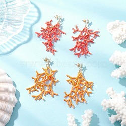 Star with Coral Handmade Glass Seed Beads Tassel Stud Earrings, with 304 Stainless Steel Stud Earring Findings, Golden, Mixed Color, 63mm, 2pairs/set(EJEW-MZ00472)