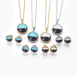 (Jewelry Parties Factory Sale), 304 Stainless Steel Jewelry Sets, Pendant Necklaces and Stud Earrings, with Resin, Half Round, Mixed Color, 17.87 inch(45.4cm), 14x6mm, Pin: 0.6mm(SJEW-F184-06)
