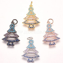 Brass Micro Pave Cubic Zirconia Pendants, Christmas Tree, Colorful, Mixed Color, 22x15x2mm, Hole: 3mm(ZIRC-F086-02)