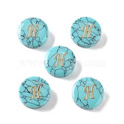 Synthetic Turquoise Beads, with Golden Tone Brass Slices, Flat Round with Letter, Letter H, 15x5.5mm, Hole: 1.4mm(G-A238-02H)