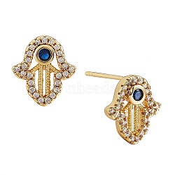 Hamsa Hand Cubic Zirconia Stud Earrings, Brass Earrings for Women, Golden, 13x12mm, Pin: 0.7mm(EJEW-SZ0001-77)