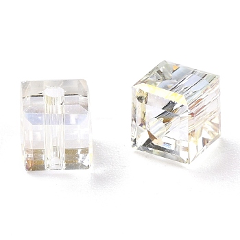 Electroplate Transparent Glass Beads, Faceted Cube, Rainbow Plated, Clear, 6x6x6mm, Hole: 1.8mm
