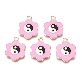 Alloy Enamel Pendants, Light Gold, Cadmium Free & Lead Free, Flower with Yin Yang, Pearl Pink, 19.5x15x2mm, Hole: 1.8mm