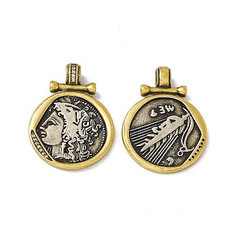 Rack Plating Brass Micro Pave Clear Cubic Zirconia Pendants, Cadmium Free & Lead Free & Nickle Free, Flat Round with Greece Coin Charm, Antique Silver & Antique Golden, 31x22.5x5.5mm, Hole: 4.5x3mm