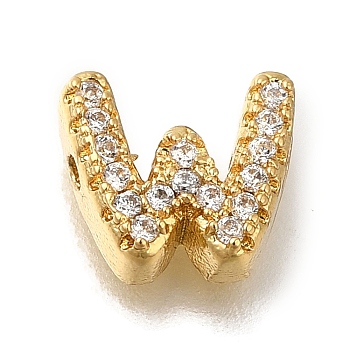 Rack Plating Brass Micro Pave Clear Cubic Zirconia Beads, Long-Lasting Plated, Cadmium Free & Lead Free, Real 18K Gold Plated, Letter, Letter W, 8~9x4~9x3mm, Hole: 0.8mm