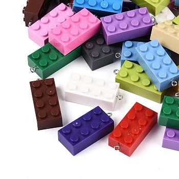 Opaque Plastic Pendants, Rectangle Building Block Charms, with Platinum Iron Loop, Mixed Color, 36~36.5x16x11.5mm, Hole: 2mm