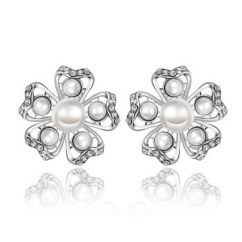 Pretty Flower Tin Alloy Rhinestone Imitation Pearl Stud Earrings, Platinum, 18x19mm