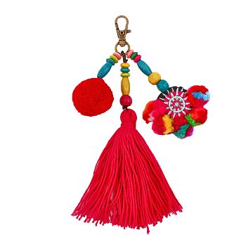 Pom Pom Polyester Pendant Decoration, with Wood Beads, Tassel, Swivel Clasps Charms, Clip-on Charms, for Keychain, Purse, Backpack Ornament, Colorful, 16.5cm