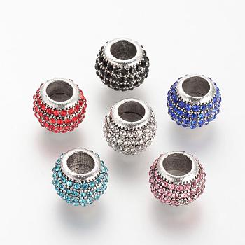Alloy Rhinestone Beads, Large Hole Beads, Rondelle, Mixed Color, 11.5~12x9.5mm, Hole: 5.5mm