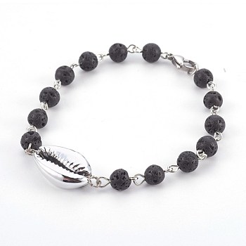 Natural Lava Rock Beads Bracelets, with Electroplated Shell Beads, Cowrie Shells, 8-1/8 inch(20.5cm)