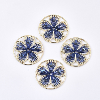 Polyester Thread Woven Pendants, with Glass and Golden Plated Alloy Findings, Long-Lasting Plated, Flower, Marine Blue, 37x4mm, Hole: 2.5mm