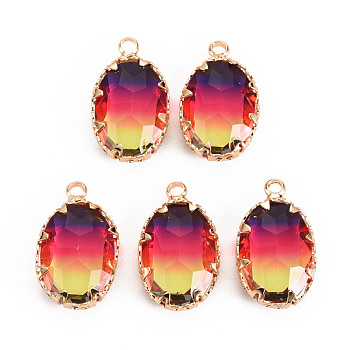 Gradient Color Glass Pendants, with Brass Prong Settings, Faceted, Oval, Light Gold, Colorful, 19x11x5.5mm, Hole: 1.6mm