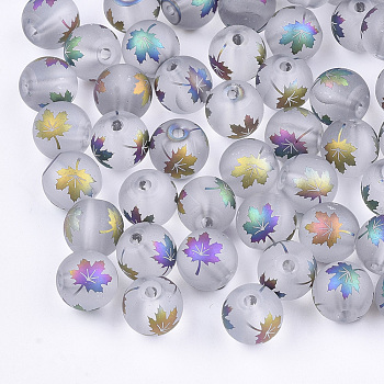 Autumn Theme Electroplate Transparent Glass Beads, Frosted, Round with Maple Leaf Pattern, Colorful, 8~8.5mm, Hole: 1.5mm