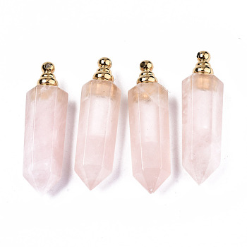 Faceted Natural Rose Quartz Pendants, Openable Perfume Bottle, with Golden Tone Brass Loops, Hexagonal Prisms, 46.5x13.5x11mm, Hole: 1.6mm, Bottle Capacity: 1ml(0.034 fl. oz)