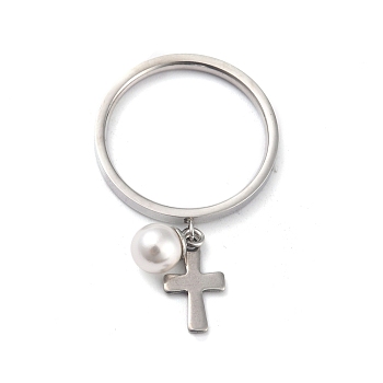 Dual-use Items, 304 Stainless Steel Finger Rings or Pendants, with Plastic Round Beads, Cross, White, Stainless Steel Color, US Size 5~9(15.7~18.9mm)