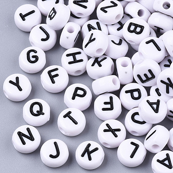 White Opaque Acrylic Beads, Horizontal Hole, Flat Round with Letter, Black, Letter, 7x4mm, Hole: 1.8mm, about 3900pcs/500g