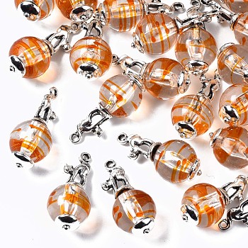 Transparent Acrylic Pendants, with Alloy Findings, Cadmium Free & Lead Free, Antique Silver, Cat with Round, Dark Orange, 27x12mm, Hole: 1.4mm