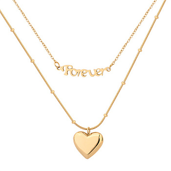 Stainless Steel Double Layer Necklaces, Forever Heart Pendant Necklace, Golden, 16.54 inch(42cm)
