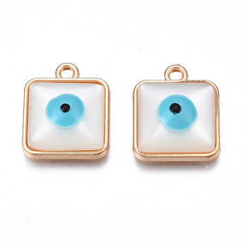 Rack Plating Alloy Enamel Pendants, with Resin Imitation Cat Eye Cabochon, Cadmium Free & Nickel Free & Lead Free, Light Gold, Square with Evil Eye, White, 17x14x5.5mm, Hole: 1.8mm