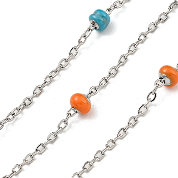304 Stainless Steel Enamel Link Chains, Soldered, with Spool, Flat Round, Dark Orange, 2x1.5x0.5mm