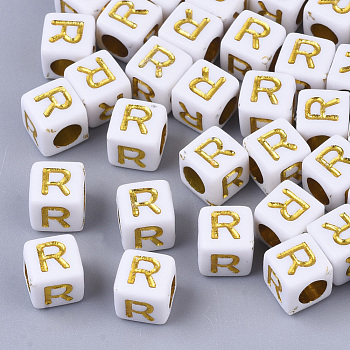 Plating Acrylic Beads, Horizontal Hole, Golden Metal Enlaced, Alphabet Style, Cube, Letter.R, 5.5~6x5.5~6x5.5~6mm, Hole: 3.5mm, about 3000pcs/500g