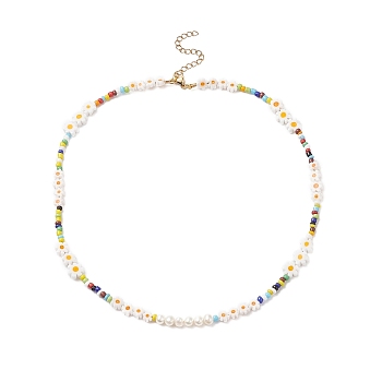 Natural Pearl & Millefiori & Seed Glass Beaded Necklace for Women, Colorful, 16.93 inch(43cm)