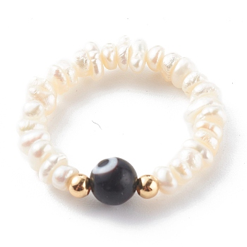 Natural Cultured Freshwater Pearl Beaded Stretch Rings, with Handmade Evil Eye Lampwork Round Beads and Real 18K Gold Plated Brass Beads, Black, Inner Diameter: 19mm