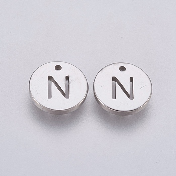 304 Stainless Steel Charms,  Flat Round with Letter, Stainless Steel Color, Letter.N, 10x1mm, Hole: 1mm