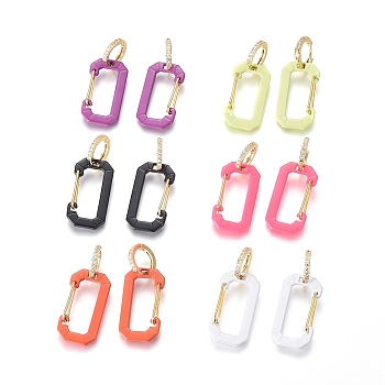 Golden Plated Brass Cubic Zirconia Hoop Earrings, with Spray Painted Alloy Keychain Clasps Pendants, Rectangle, Mixed Color, 40mm