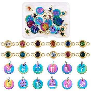 DIY Jewelry Making Finding Kit, Including 201 Stainless Steel Flat Round with Constellation Charms, 304 Stainless Steel Rhinestone Links Connectors, Mixed Color, 24Pcs/box
