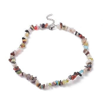 Mixed Gemstone Chips Beads Necklaces, with 304 Stainless Steel Chain Extender, 0.20~0.51 inch(0.5~1.3cm), 15.24''(38.7cm)
