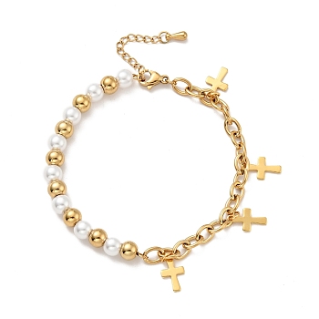 201 Stainless Steel Cross Charm Bracelet, Plastic Pearl Beaded Bracelet with Vacuum Plating 304 Stainless Steel Cable Chains for Women, Golden, 7-1/2 inch(19cm)
