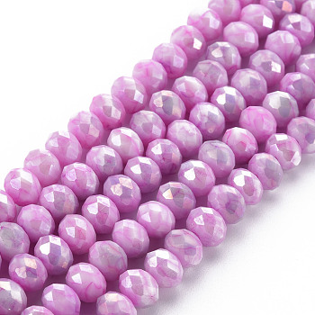 Opaque Baking Painted Glass Beads Strands, Imitation Stones, Faceted, AB Color Plated, Rondelle, Violet, 8x6mm, Hole: 1.2mm, about 63~64pcs/strand, 15.87 inch~16.14 inch(40.3~41cm)