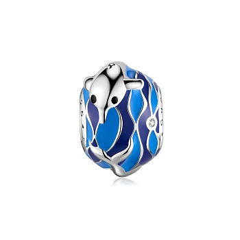 TINYSAND Rhodium Plated 925 Sterling Silver Enamel European Beads, Dolphin on Bead Enamel Charms, Platinum, 13.97x12.7x8.89mm, Hole: 4.32mm