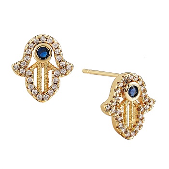 Hamsa Hand Cubic Zirconia Stud Earrings, Brass Earrings for Women, Golden, 13x12mm, Pin: 0.7mm