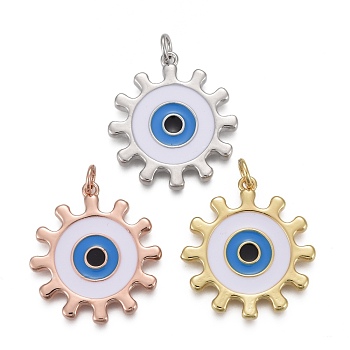Brass Enamel Pendants, with Jump Rings, Long-Lasting Plated, Gear with Evil Eye, Mixed Color, 24.5x22x2mm, Hole: 3mm