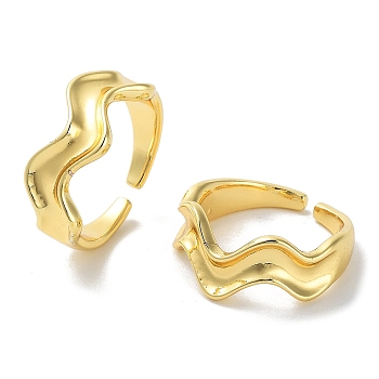 Brass Open Cuff Rings for Women, Wave, Real 18K Gold Plated, US Size 8(18.1mm)