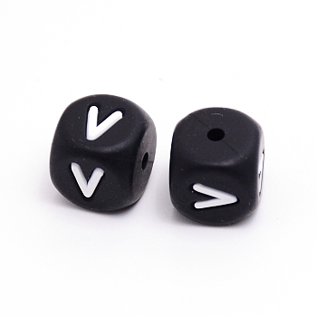 Silicone Beads, Cube with Letter.V, Black, 12x12x12mm, Hole: 2mm