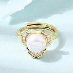 Adjustable Brass Micro Pave Cubic Zirconia Finger Rings, Flower, with ABS Plastic Pearl, Cadmium Free & Lead Free, Rack Plating, Long-Lasting Plated, Golden, 17mm(CU-CBABA66-03G)