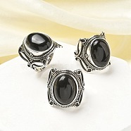 Natural Obsidian Adjustable Rings, Lead Free & Cadmium Free, Antique Silver Plated Brass Finger Rings for Women, Oval, 20.5mm, Inner Diameter: 17mm(RJEW-I108-02AS-12)