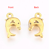 Tibetan Style Alloy Pendants, Antique Golden, Lead Free & Nickel Free & Cadmium Free, Dolphin, 16mm long, 9mm wide, 2mm thick, hole: 2mm(X-GLF1389Y-NF)