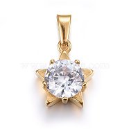 Cubic Zirconia Charms, with 304 Stainless Steel Findings, Star, Clear, Golden, 14x12x5.5mm, Hole: 5x3mm(STAS-P216-11G)