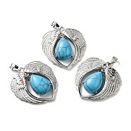 Synthetic Turquoise Dyed Teardrop Pendants, Wing Charms, with Rack Plating Platinum Plated Brass Findings, Lead Free & Cadmium Free, 36x34x8~8.5mm, Hole: 8x5mm(KK-K331-02P-09)