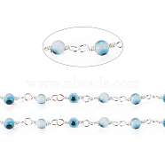 3.28 Feet Handmade Evil Eye Lampwork Round Beaded Chains, with Brass Findings, Unwelded, Long-Lasting Plated, Silver, Light Blue, 12.5x2.8x4x1.5mm, Beads: 4mm(X-CHC-G009-A-S03)