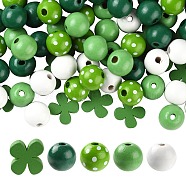 160Pcs 5 Style Irish Theme Painted Natural Wood Beads, Round & Plum Blossom Shape, Lime Green, 160pcs/bag(WOOD-LS0001-48)