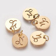 304 Stainless Steel Charms, Flat Round with Constellation/Zodiac Sign, Golden, Capricorn, 12x1mm, Hole: 3mm(STAS-Q201-T445-10G)