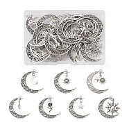 Jewelry 28Pcs 7 Style Tibetan Style Zinc Alloy Pendants, Moon with Feather & Sun & Star & Rose , Antique Silver, 40~41x30~35.5x1.3~2.5mm, Hole: 2.2~2.5mm, 4pcs/style(FIND-PJ0001-25)