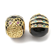 Rack Plating Brass Micro Pave Cubic Zirconia European Beads, with Enamel, Large Hole Beads, Lead Free & Cadmium Free, Owl, Real 18K Gold Plated, 11~12x10mm, Hole: 4.2mm(KK-M247-21G)