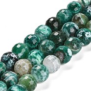 Natural Fire Crackle Agate Beads Strands, Dyed & Heated, Round, Faceted, Dark Cyan, 13.5~14mm, Hole: 1.4mm, about 28~29pcs/strand, 15.16 inch(38.5cm)(G-L595-A02-01E)
