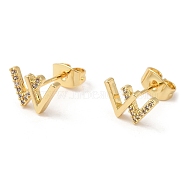 Cubic Zirconia Initial Letter W Stud Earrings, Brass Earrings for Women, Golden, 7x10.5mm(EJEW-Q769-08G)